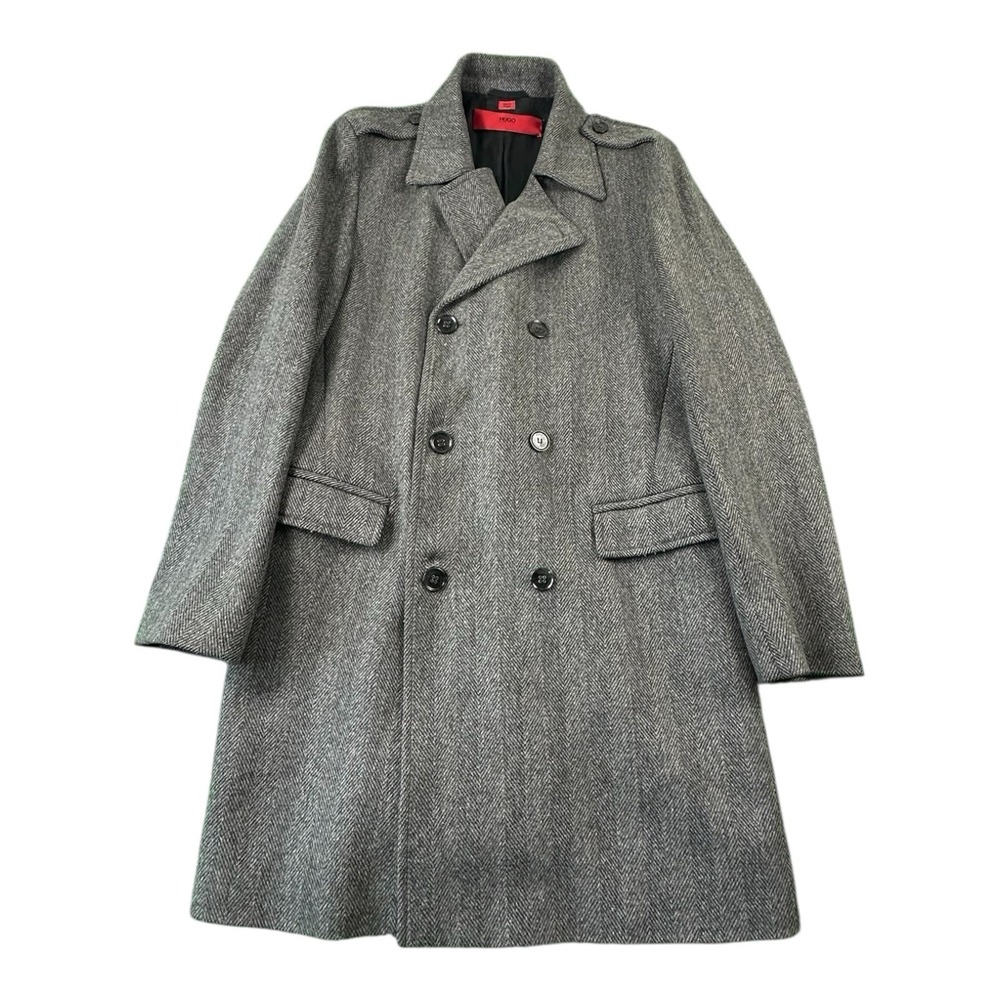 Hugo Boss Gray Herringbone Marke Wool Blend Double Breasted Topcoat Size 42R